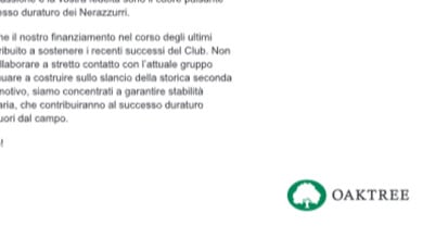 Oaktree, messaggio ai tifosi Inter: "Continueremo a costruire su questo slancio" 1 Oaktree, messaggio ai tifosi Inter: "Continueremo a costruire su questo slancio"