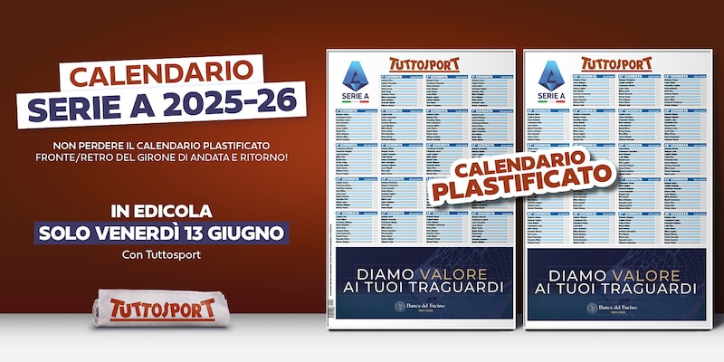 Il calendario plastificato della Serie A 2025-26 venerdì in edicola con Tuttosport 1 Il calendario plastificato della Serie A 2025-26 venerdì in edicola con Tuttosport