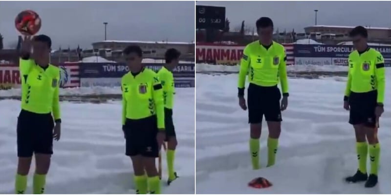 Campo impraticabile ma l'arbitro prova a far rimbalzare il pallone nella neve: il video è virale 1 Campo impraticabile ma l'arbitro prova a far rimbalzare il pallone nella neve: il video è virale