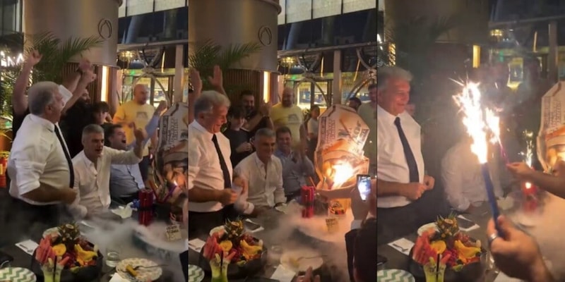 Laporta e l'assurda torta durante una festa a Jeddah prima della finale di Supercoppa con il Real Madrid 2 Laporta e l'assurda torta durante una festa a Jeddah prima della finale di Supercoppa con il Real Madrid