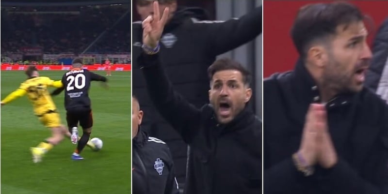 Saelemaekers graziato dall'arbitro, Fabregas impazzisce in panchina e poi chiede scusa in tv