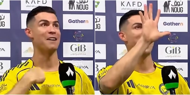 Cristiano Ronaldo sbeffeggia un tifoso avversario: il gesto con le cinque Champions fa il giro del mondo